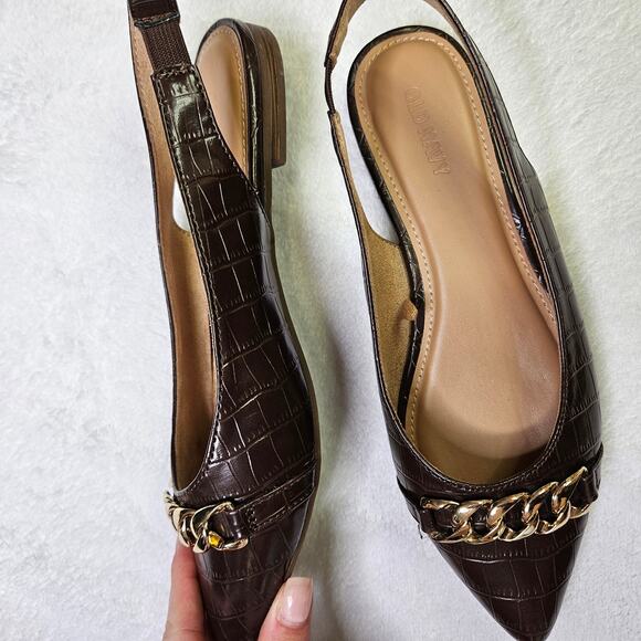 Old Navy Faux Leather Slingback Gold Chain Career Wear Flats Chocolate Size 6 - Picture 3 of 9